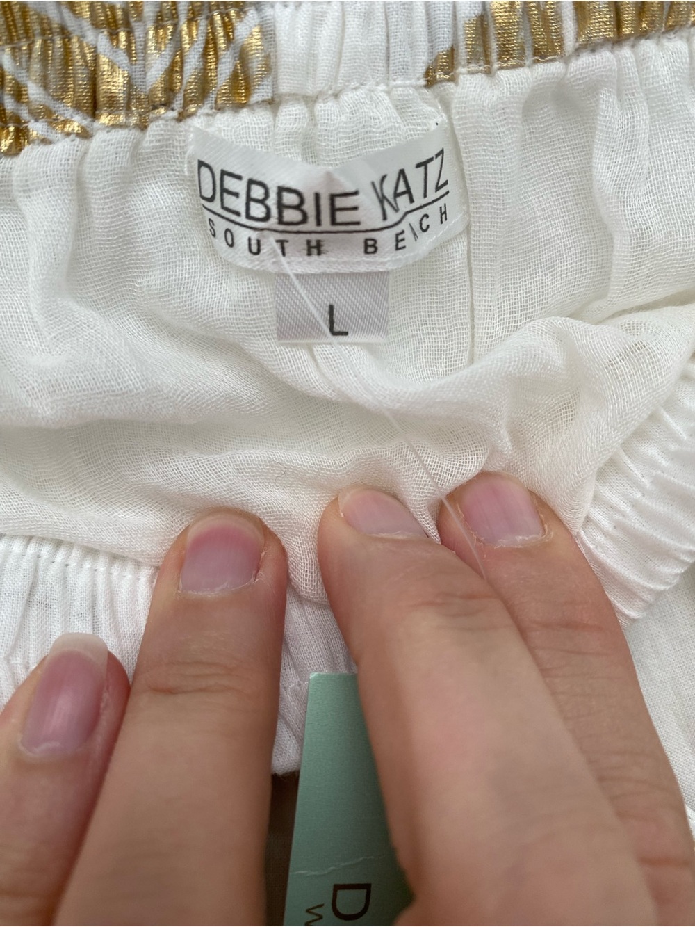 NWT Debbie Katz White Maxi Skirt w Metallic Gold Leaf Print & Drawstring Waist L - Picture 7 of 8